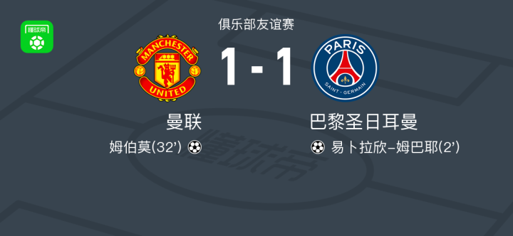 曼联与巴黎圣日耳曼友谊赛战平,姆巴耶与姆伯莫各有建树